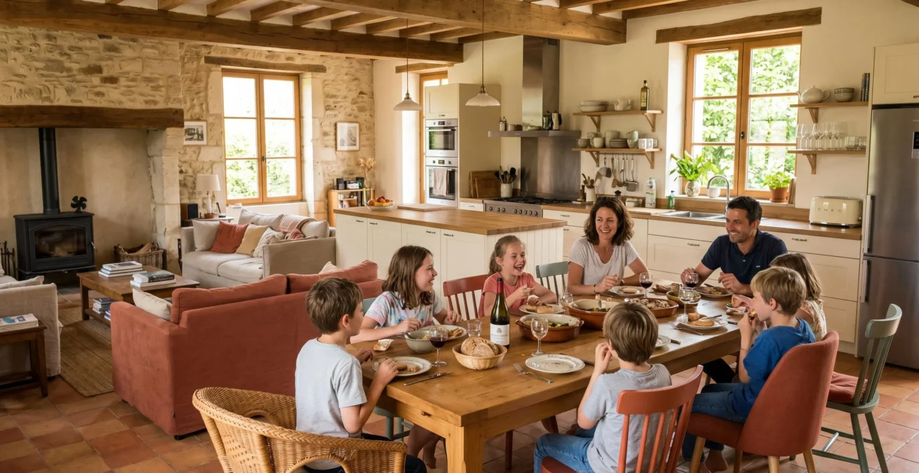 Espace de vie convivial d'un gîte avec cuisine moderne équipée, îlot central, grande table familiale en bois et poutres apparentes, baigné de lumière naturelle