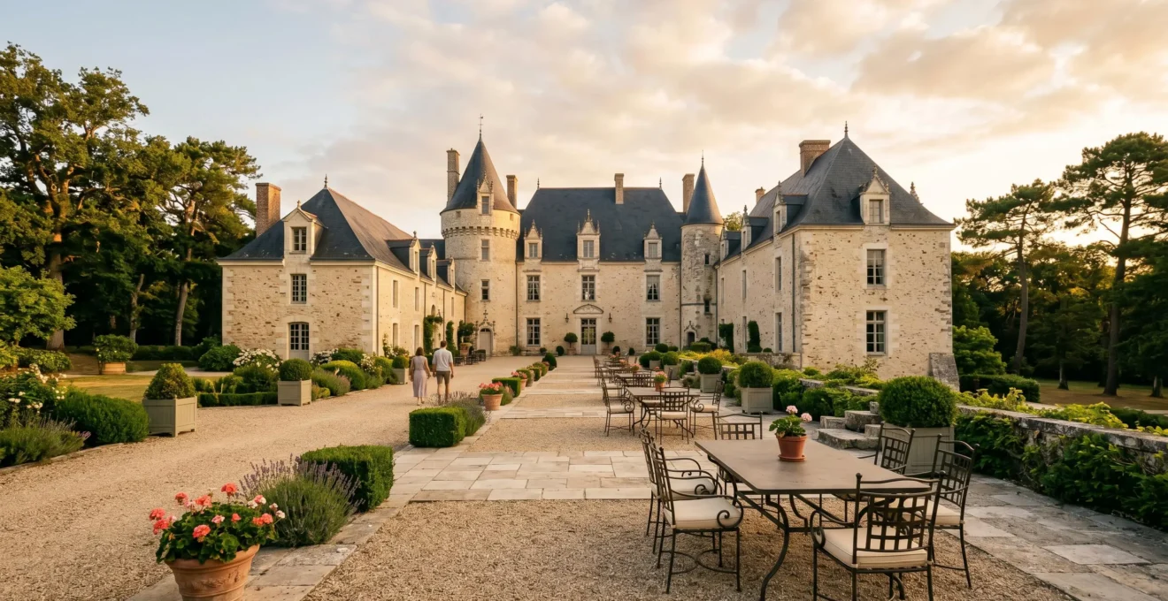 Façade en pierre d'un prieuré historique restauré éclairée par la lumière dorée du soleil couchant, avec terrasse aménagée et végétation au premier plan