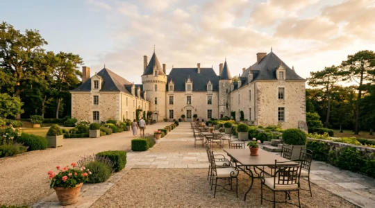 Façade en pierre d'un prieuré historique restauré éclairée par la lumière dorée du soleil couchant, avec terrasse aménagée et végétation au premier plan