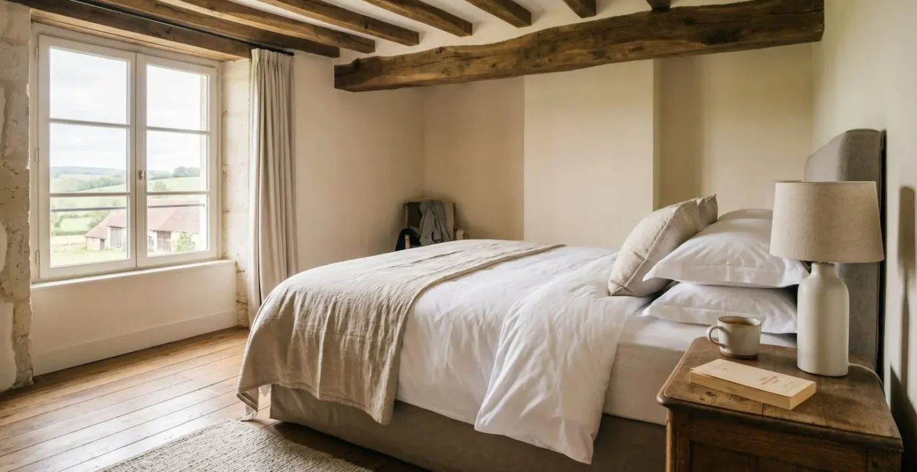 Intérieur d'une suite luxueuse avec lit king size, poutres apparentes anciennes et décoration contemporaine, éclairée par la lumière naturelle d'une fenêtre donnant sur la campagne