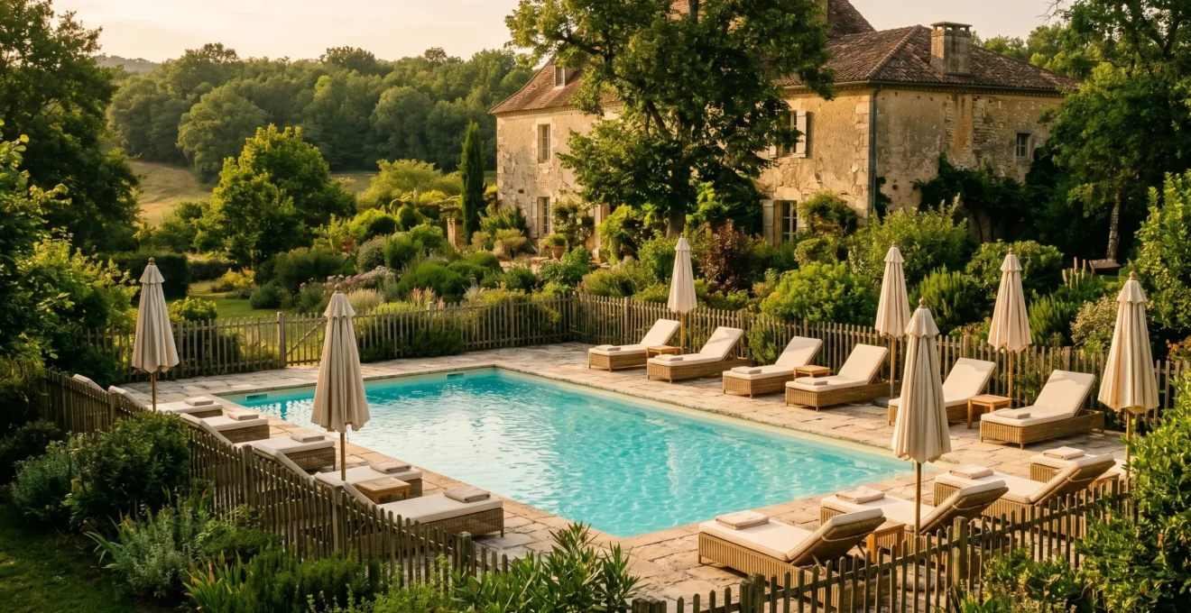 Piscine extérieure chauffée entourée de transats et de végétation, avec bâtisse historique en pierre visible en arrière-plan sous une lumière chaleureuse d'après-midi